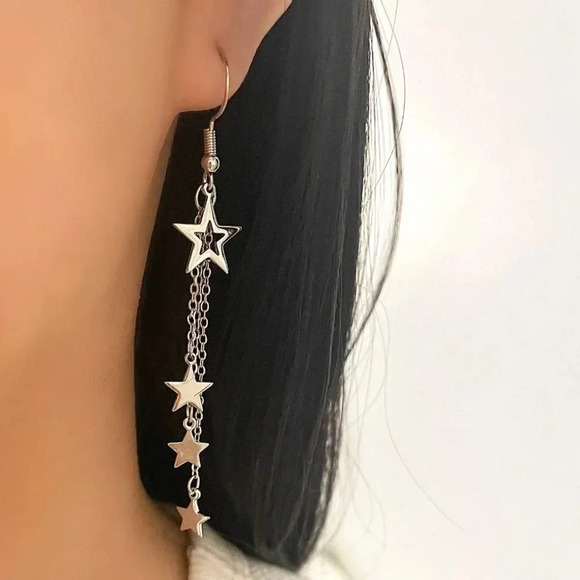 925 Sterling Silver Star Dangle Earrings Long Star Tassel Chain Drop Earrings - Picture 1 of 4